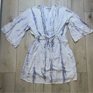Blue Island Blue White Striped Tassel Tie V-Neck Bell Sleeve Swim‎ CoverUp Dress